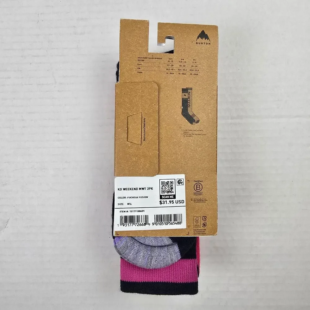 Burton Kids Weekend Midweight Socks 2 Pack Fuchsia Fusion M/L - 2/4 Youth